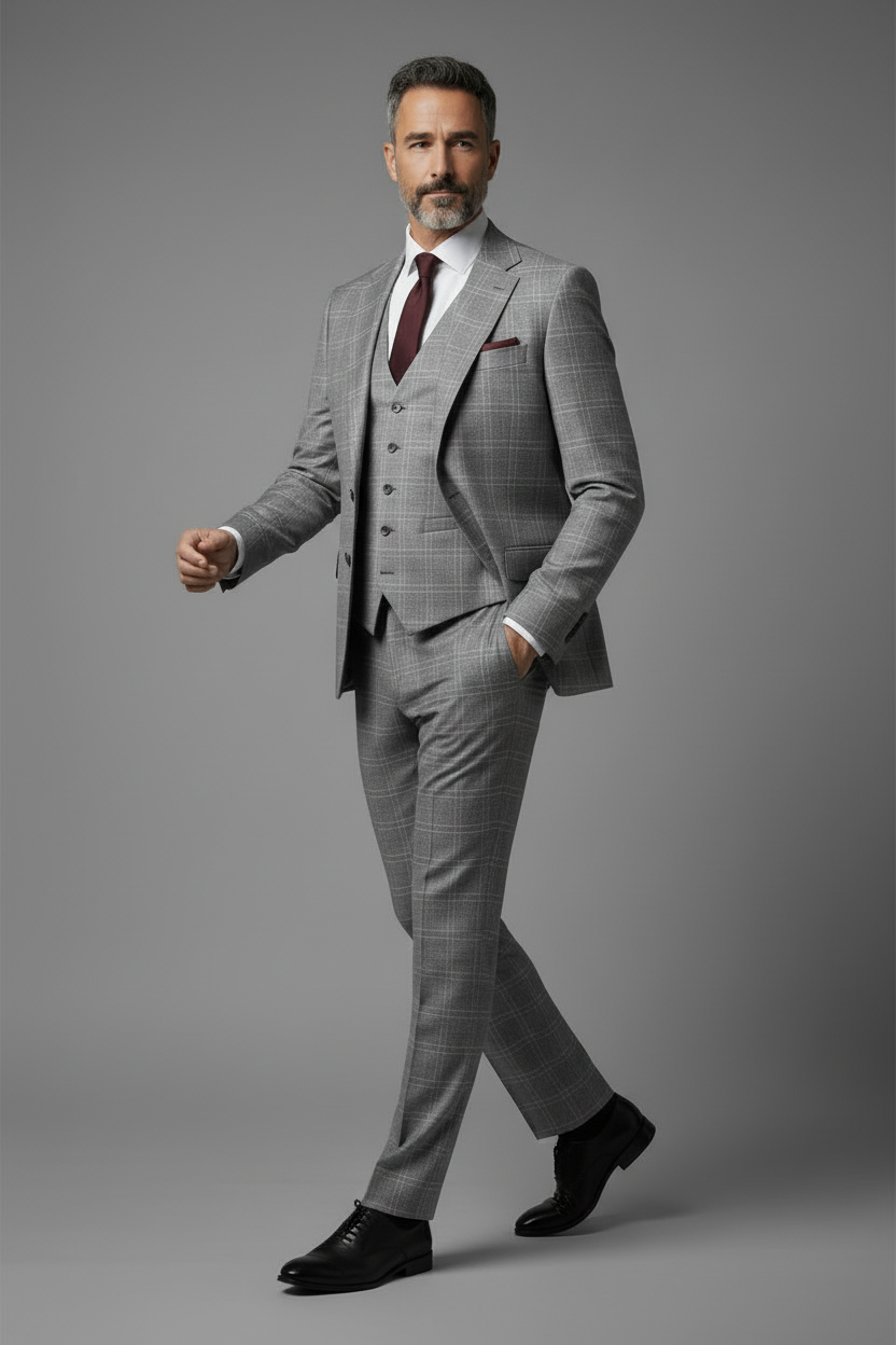 Premium Grey Windowpane Plaid Three-Piece Suit