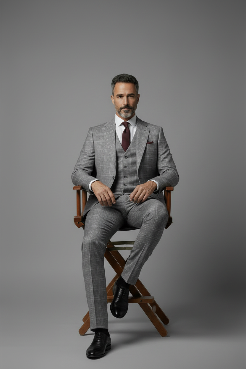 Premium Grey Windowpane Plaid Three-Piece Suit
