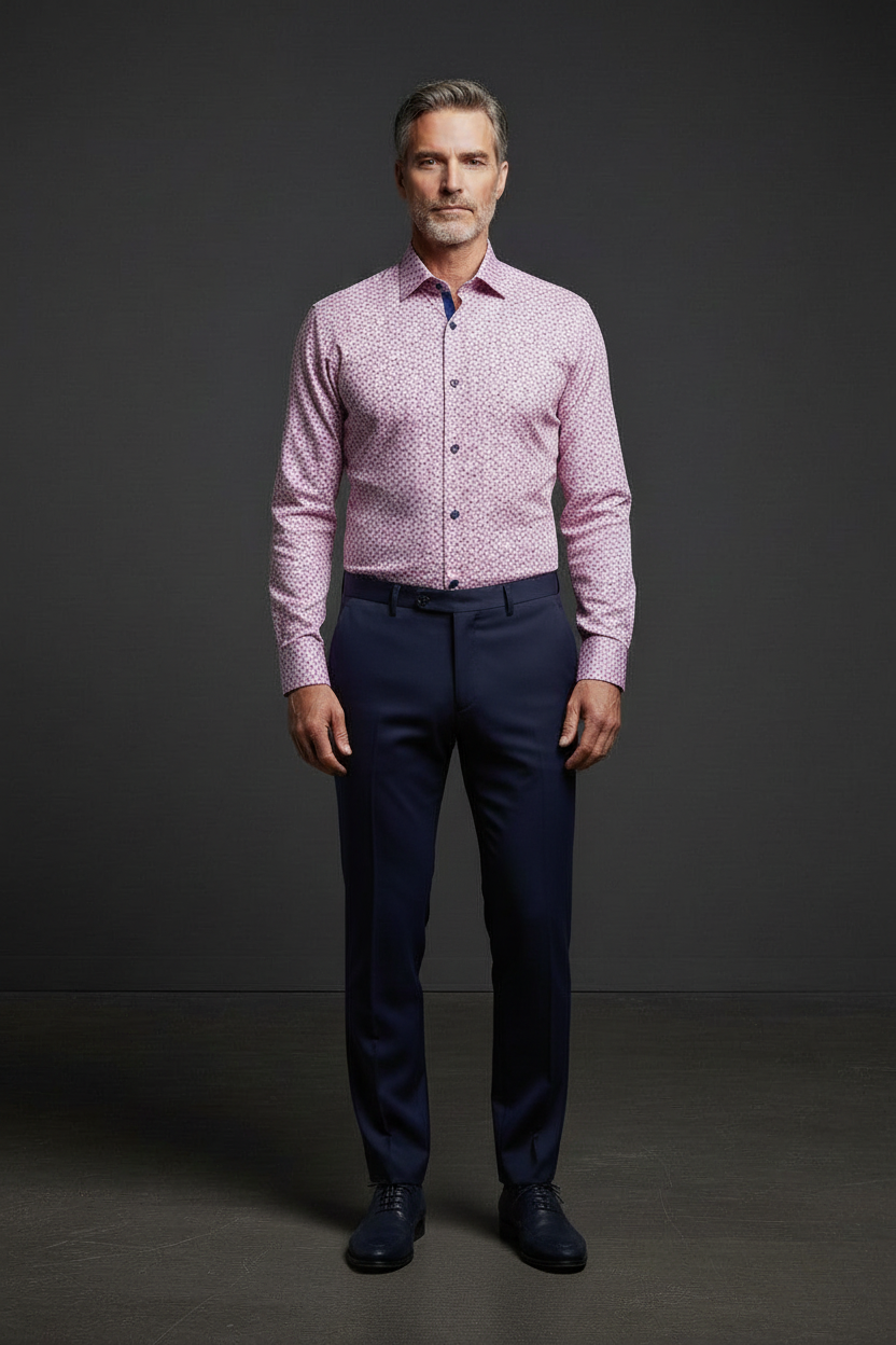 Men's pink geometric diamond print dress shirt - full front view