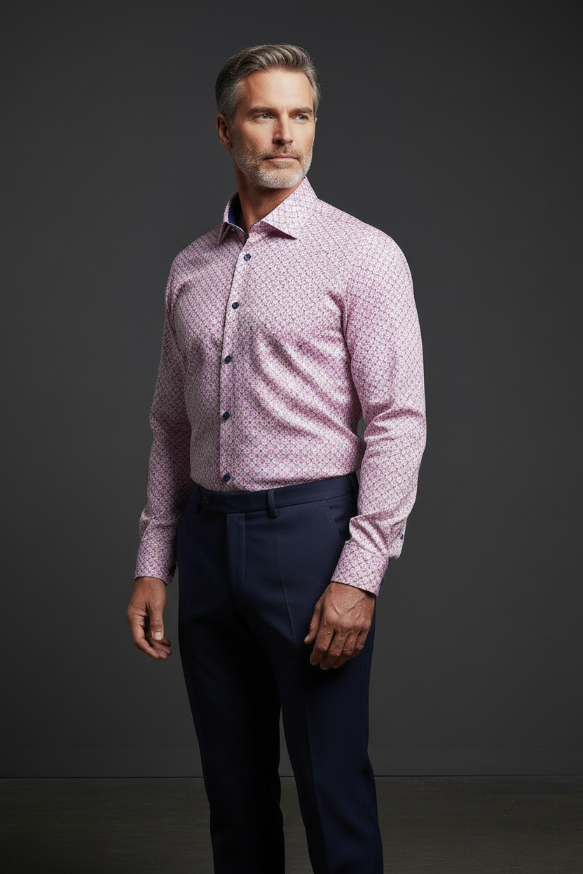 Men's pink geometric diamond print dress shirt - side profile view