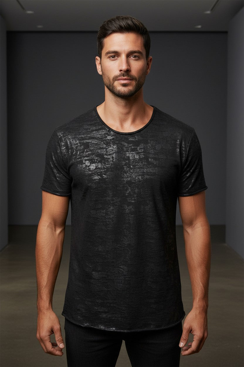 Vercini Black Metallic Foil Crew Neck Tee — Noir Edition