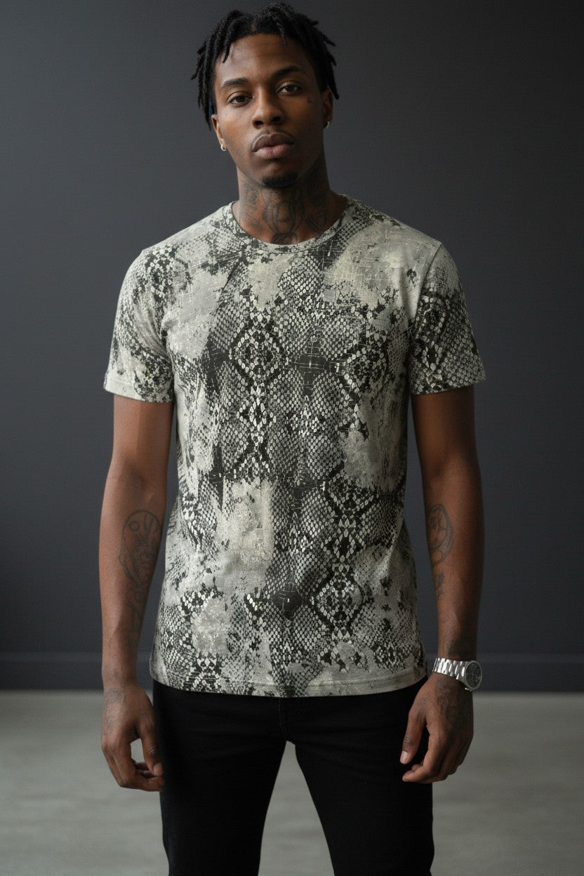 Vercini Grey Snake Print Crew Neck Tee — Wild Instinct Edition