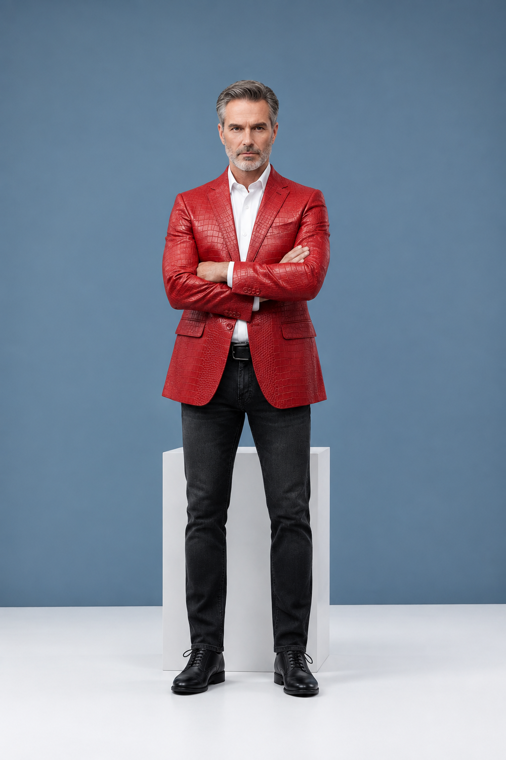 Jacket arms-crossed pose