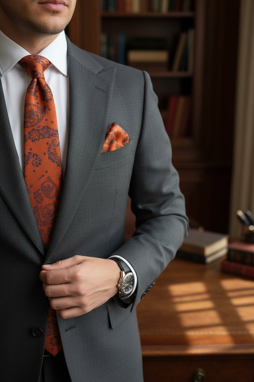 Paisley Tie with Pocket Square Set - Men's Formal Necktie