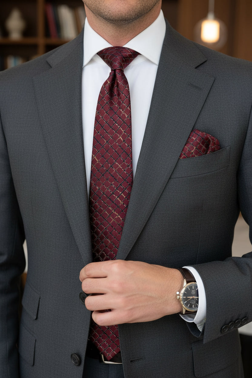 Black Geometric Grid Tie with Pocket Square - Modern Formal Accessory Set