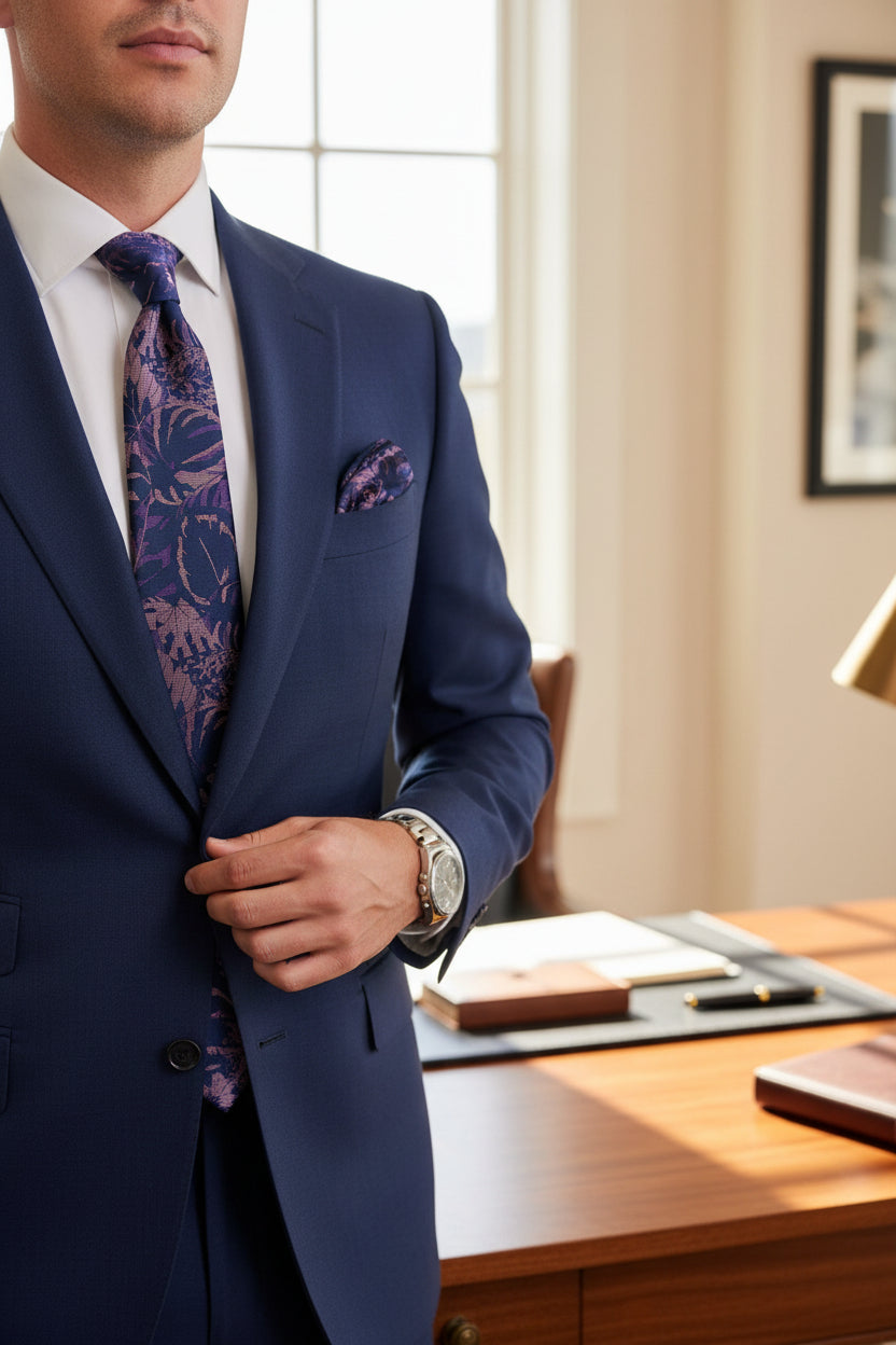 Slate Blue Floral Tie with Matching Pocket Square - Vercini