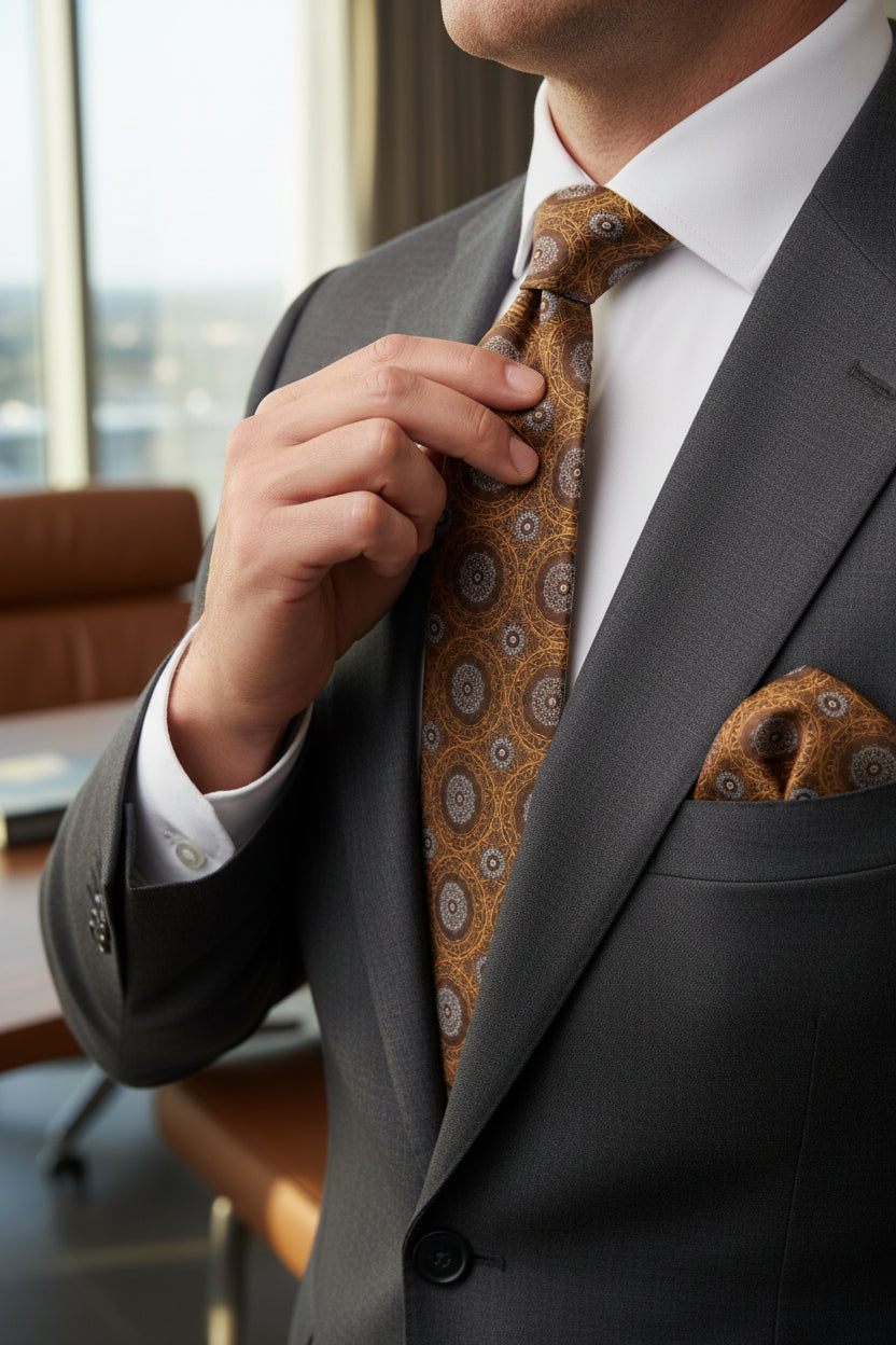 Navy Copper Medallion Tie with Pocket Square Set