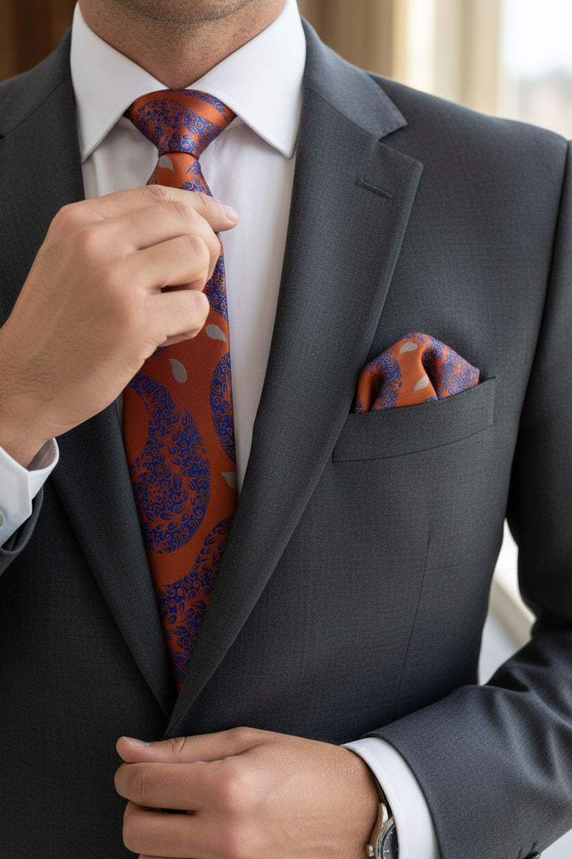Copper Blue Paisley Tie with Pocket Square - Luxury Formal Set