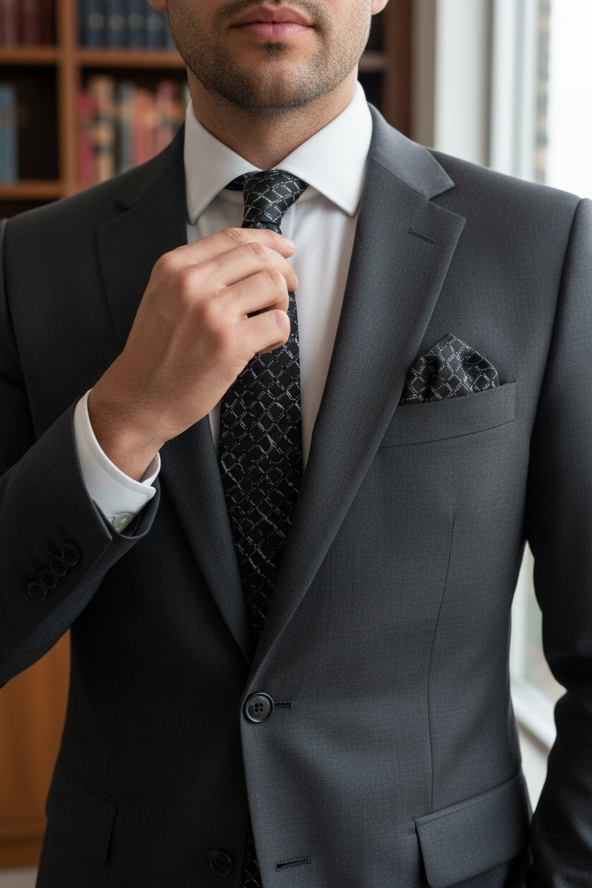 Black Geometric Grid Tie with Pocket Square - Modern Formal Accessory Set