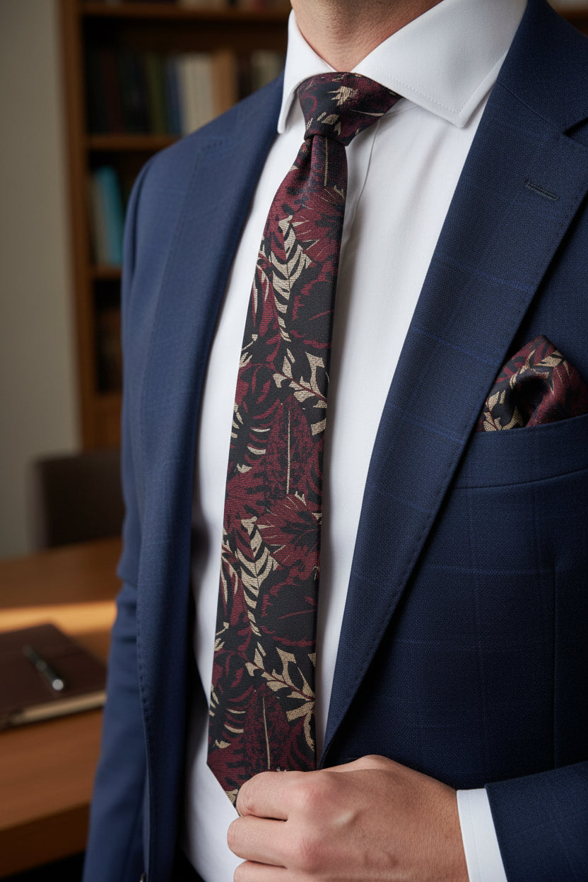 Slate Blue Floral Tie with Matching Pocket Square - Vercini