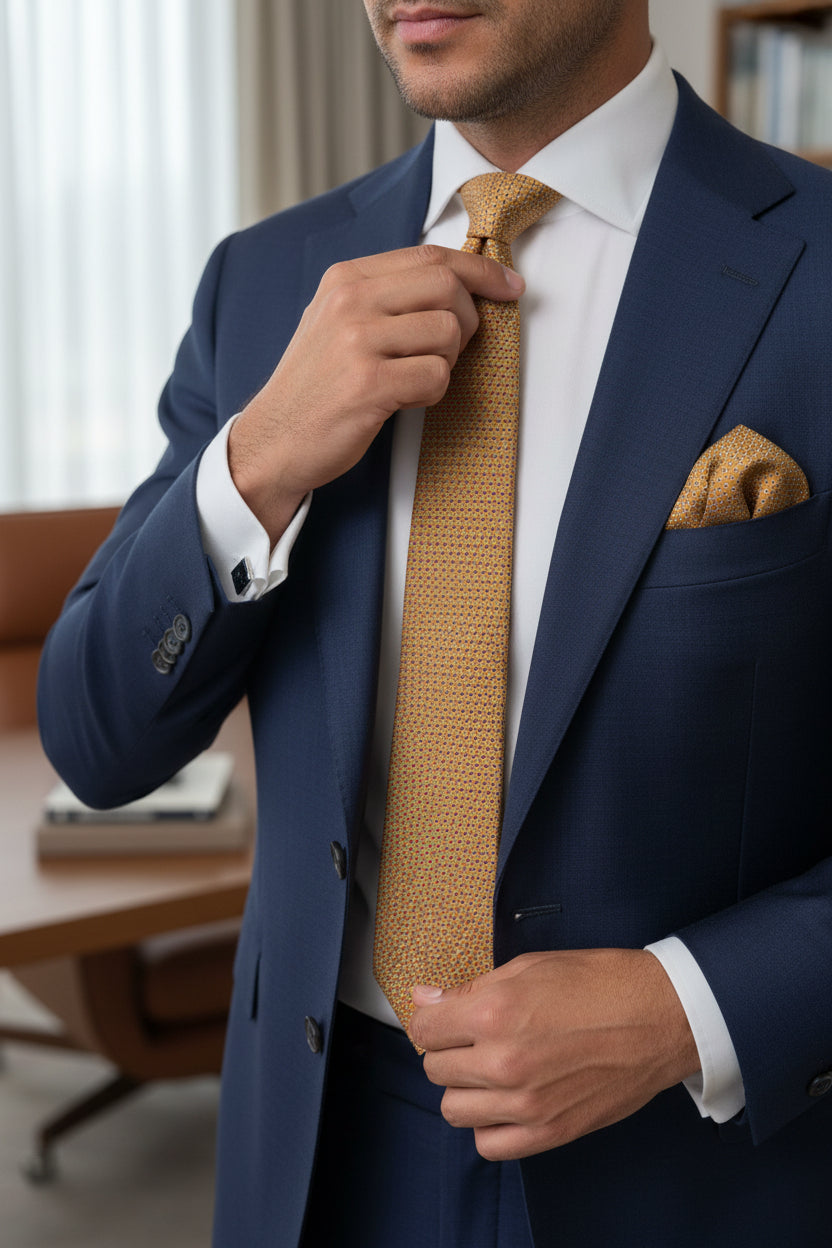 Gold Micro-Pattern Tie with Pocket Square Set - Luxury Formal Accessory
