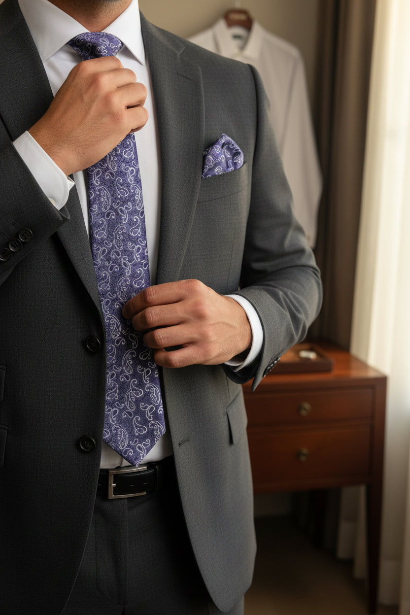 Charcoal Paisley Tie with Pocket Square - Luxury Men's Formal Accessory Set