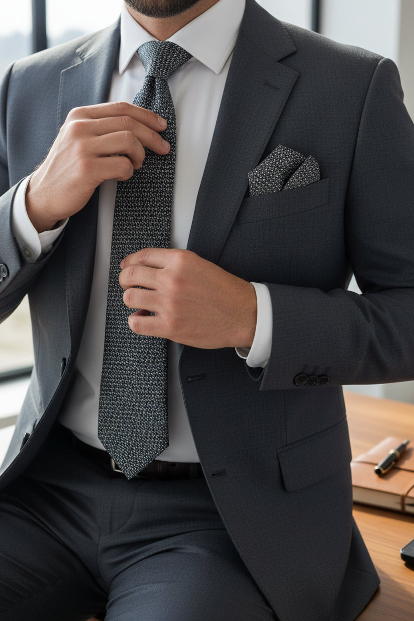 Gold Micro-Pattern Tie with Pocket Square Set - Luxury Formal Accessory