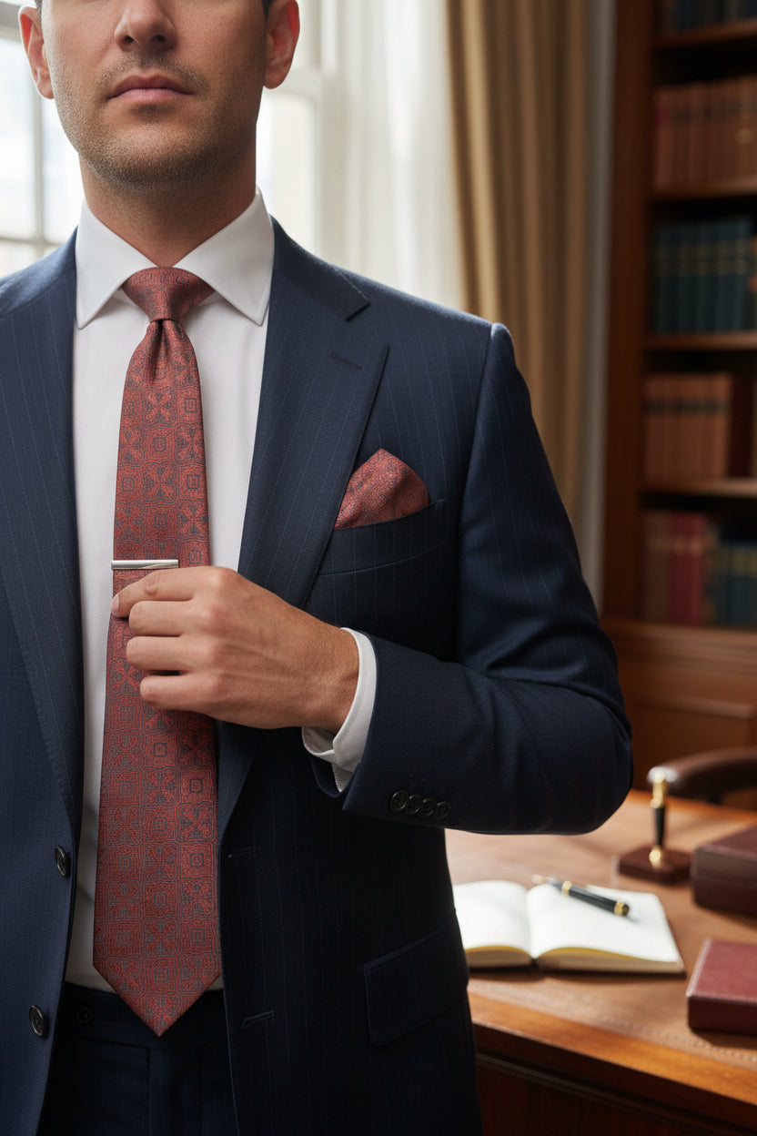 Rust Geometric Pattern Tie with Pocket Square Set
