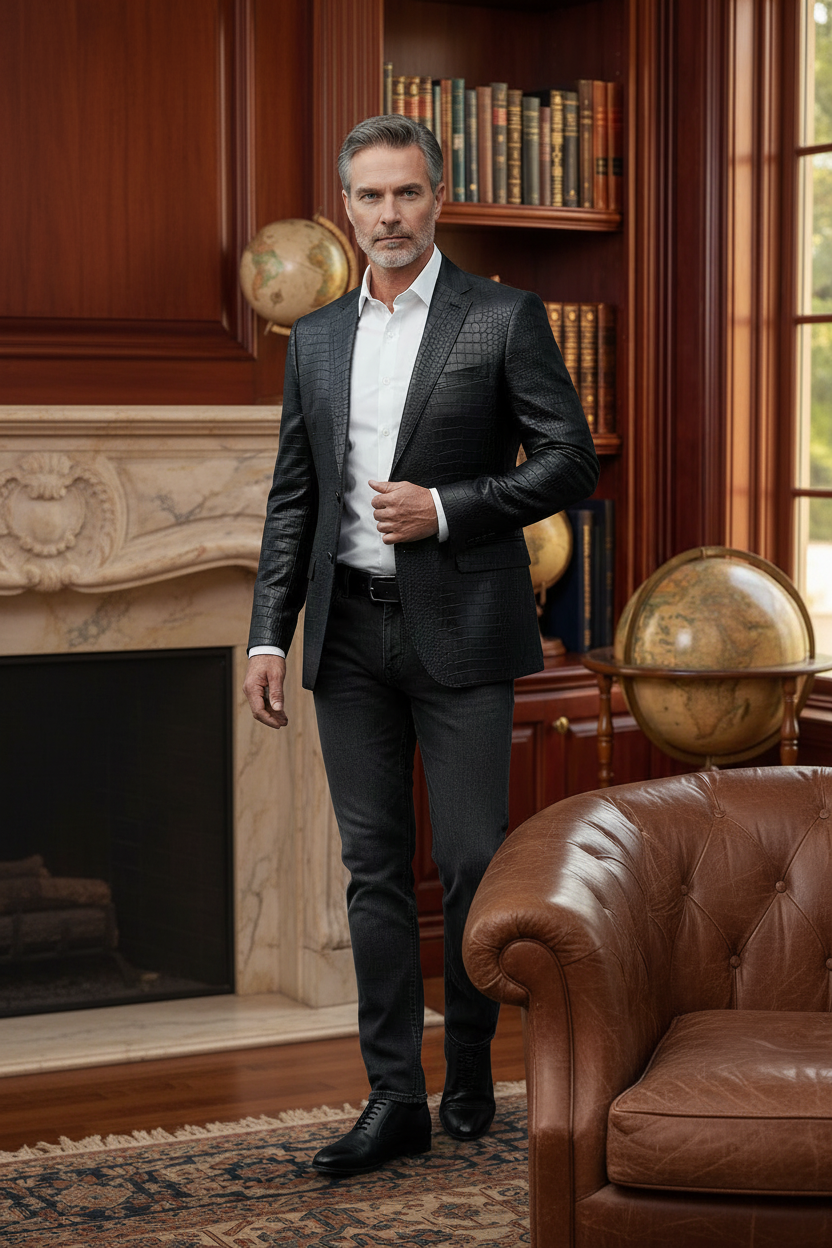 Luxury Crocodile Embossed Blazer - Cognac Brown/black