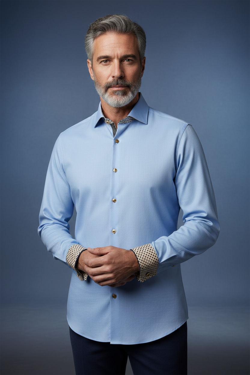 Light blue dress shirt - hands clasped