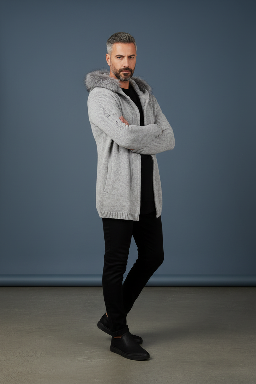 Light Gray Fur Hood Cardigan - Arms Crossed