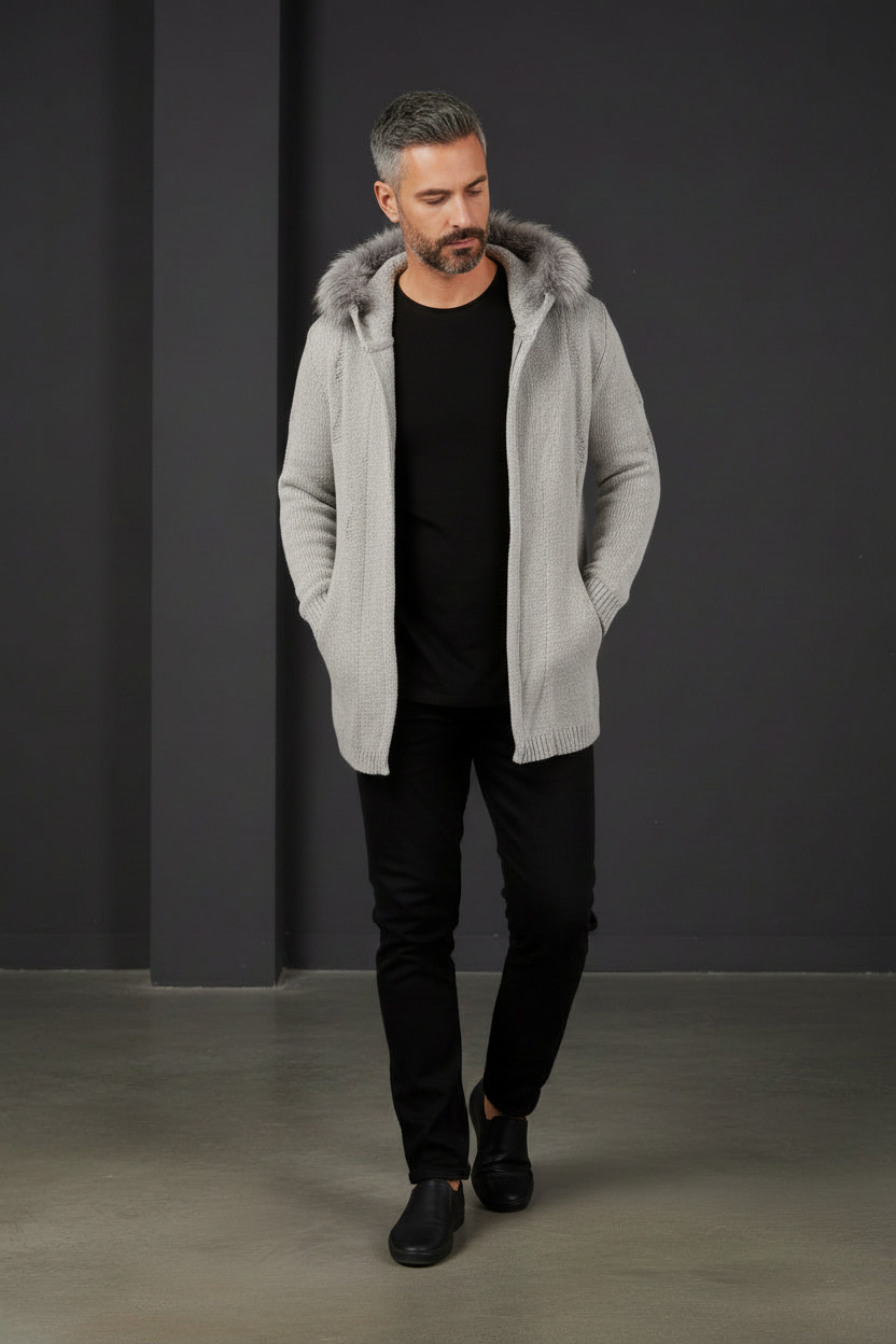 Light Gray Fur Hood Cardigan - Front