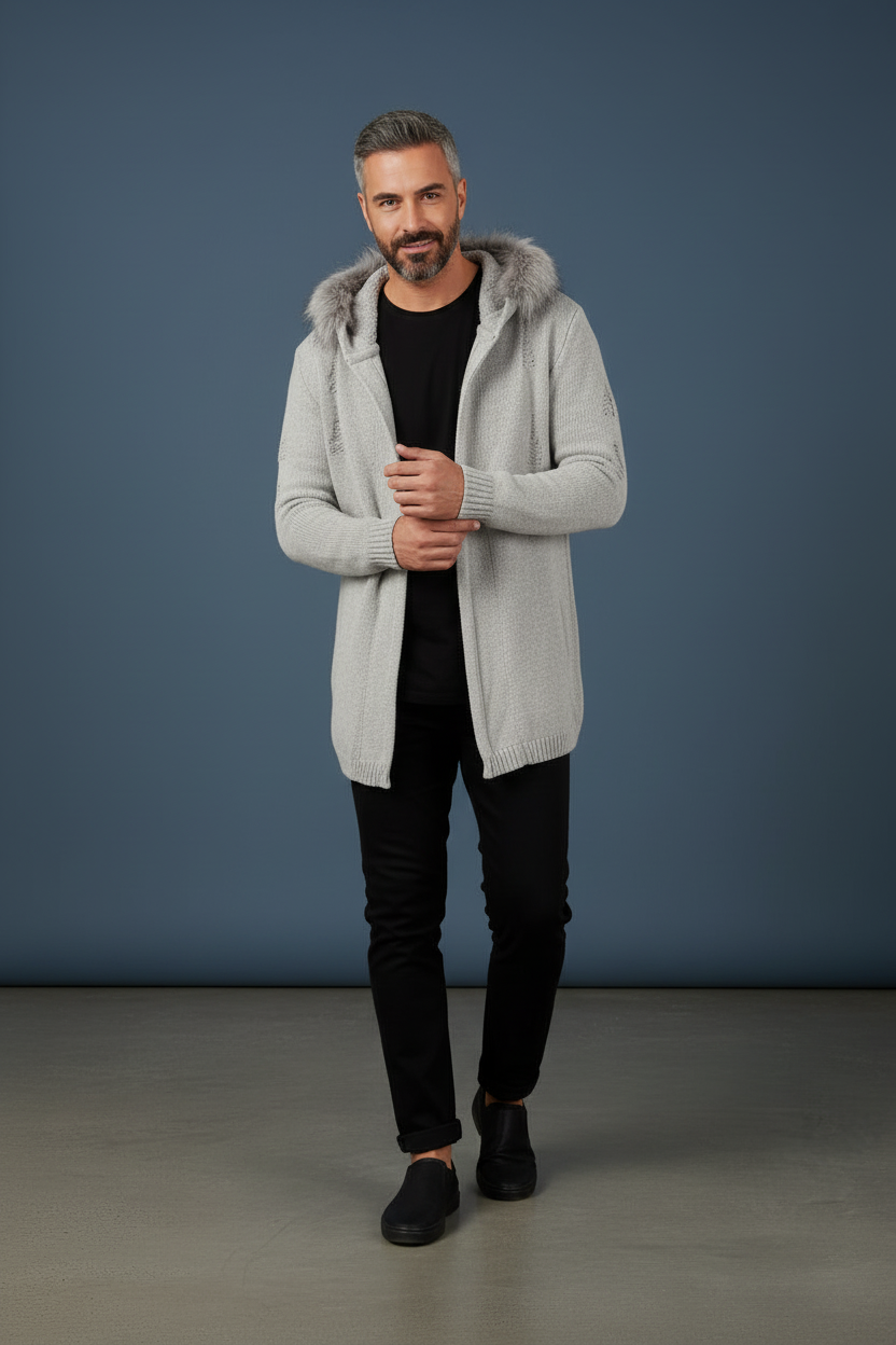 Light Gray Fur Hood Cardigan - Relaxed