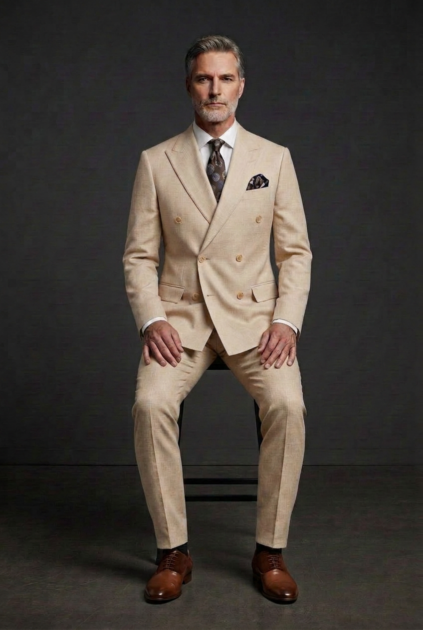 Lighter beige suit seated