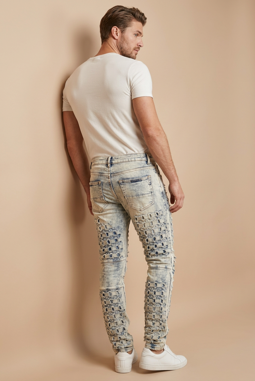 Male model back view leaning pose showing the jeans' rear fit on a nude background