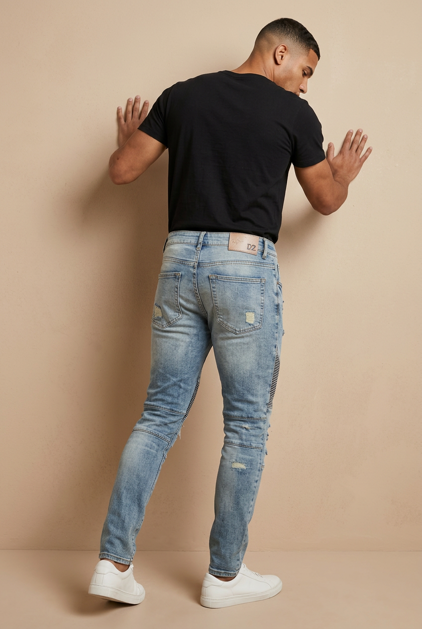 Male model back view leaning pose showing the moto jeans' rear fit on a nude background