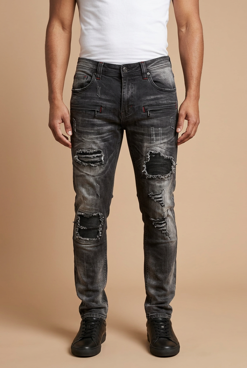 Male model front-facing in distressed jeans