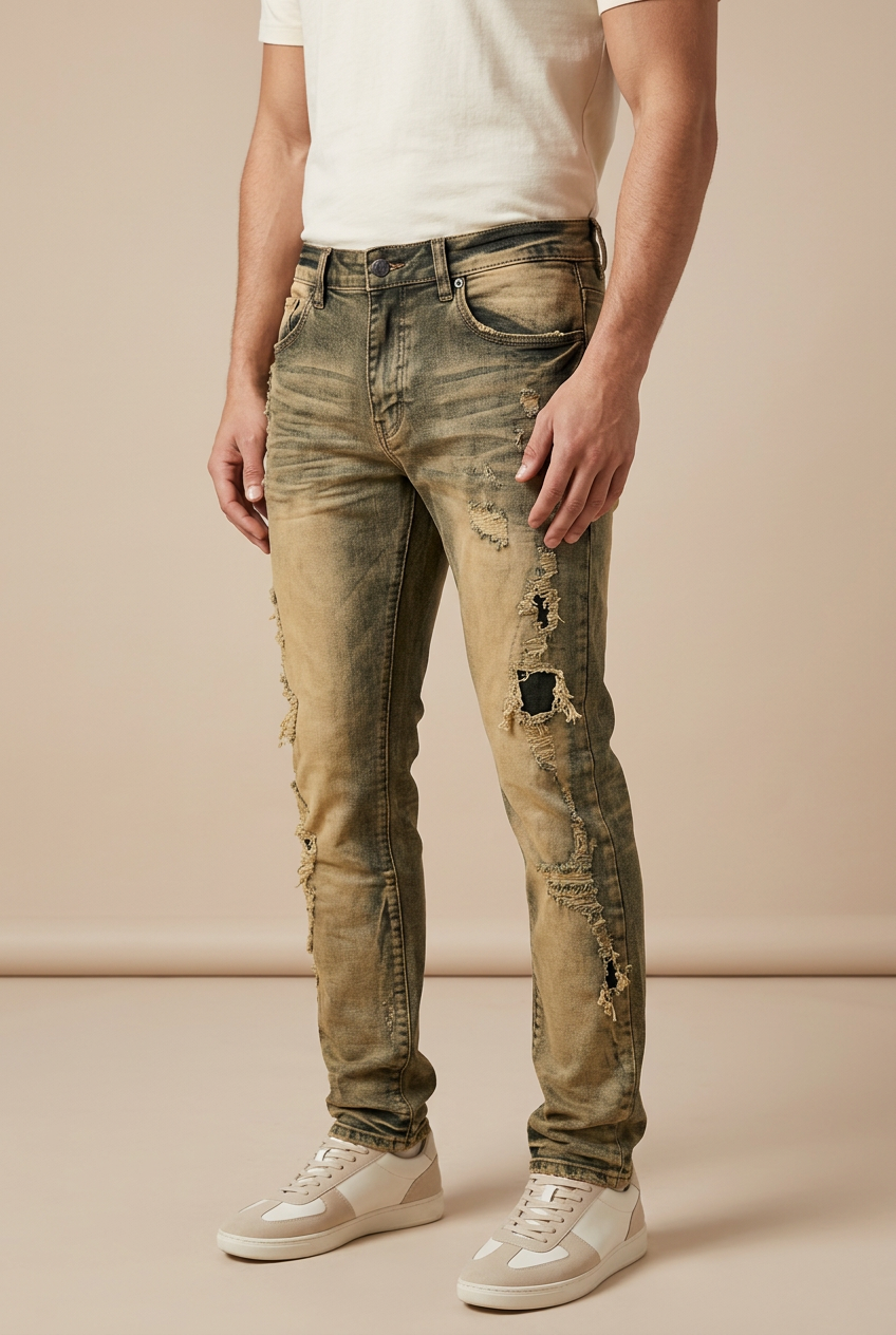 Male model in vintage-wash jeans, angled pose