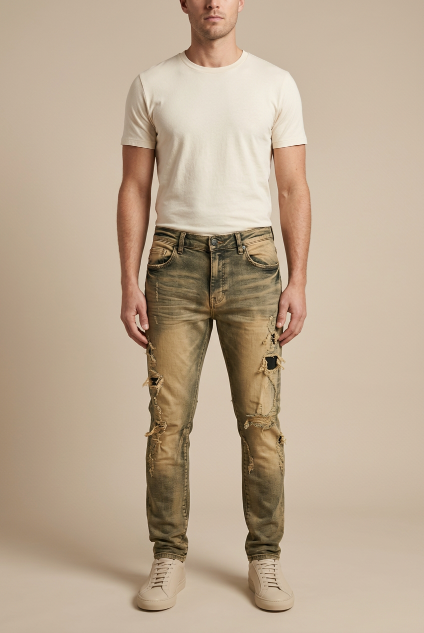 Male model in vintage-wash jeans, front pose