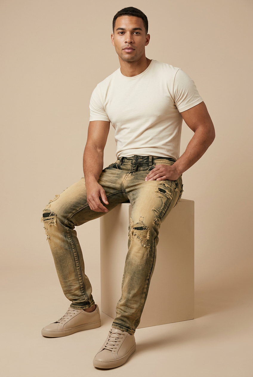 Male model in vintage-wash jeans, seated pose