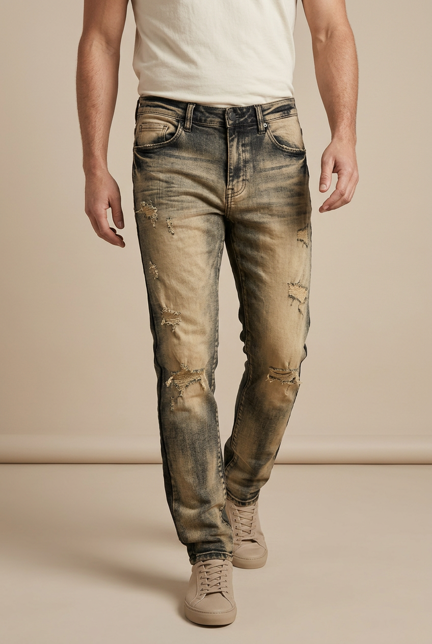 Male model in vintage-wash jeans, walking pose