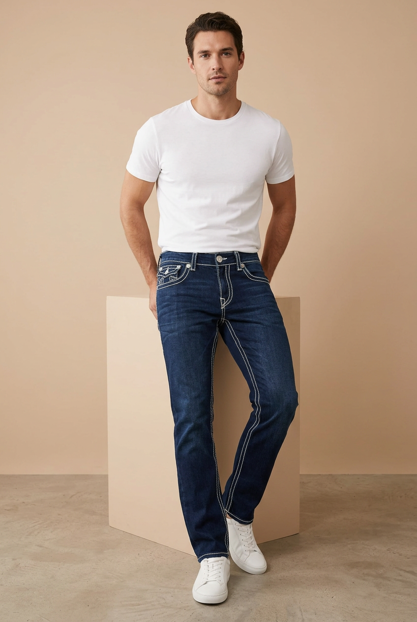 Male model leaning beside a beige studio cube