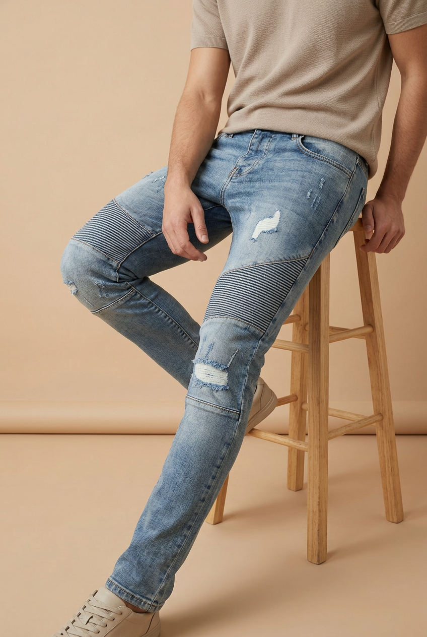 Male model seated pose in the moto jeans on a nude background