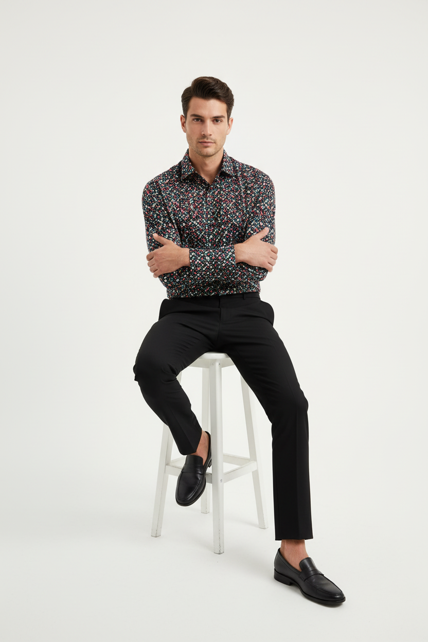 Male model seated with arms crossed
