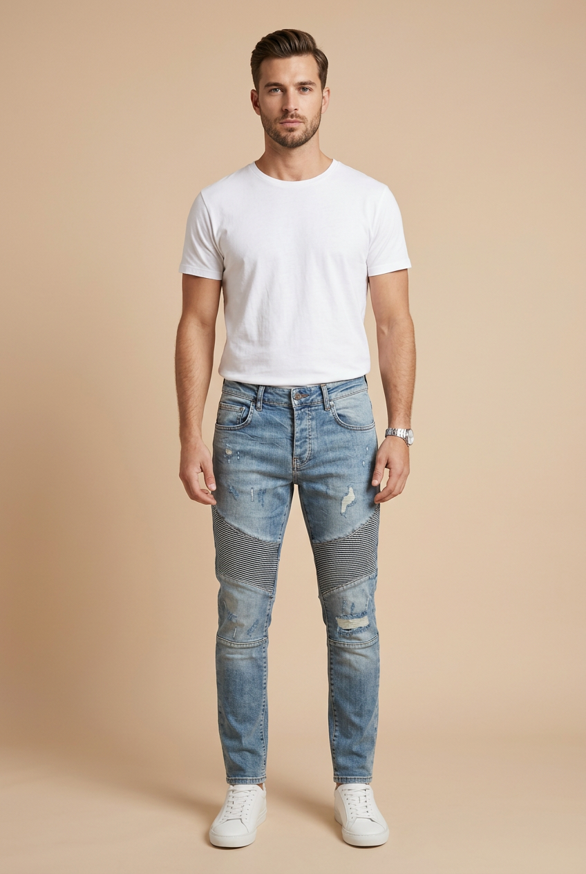 Male model standing front-facing in the moto jeans on a nude background
