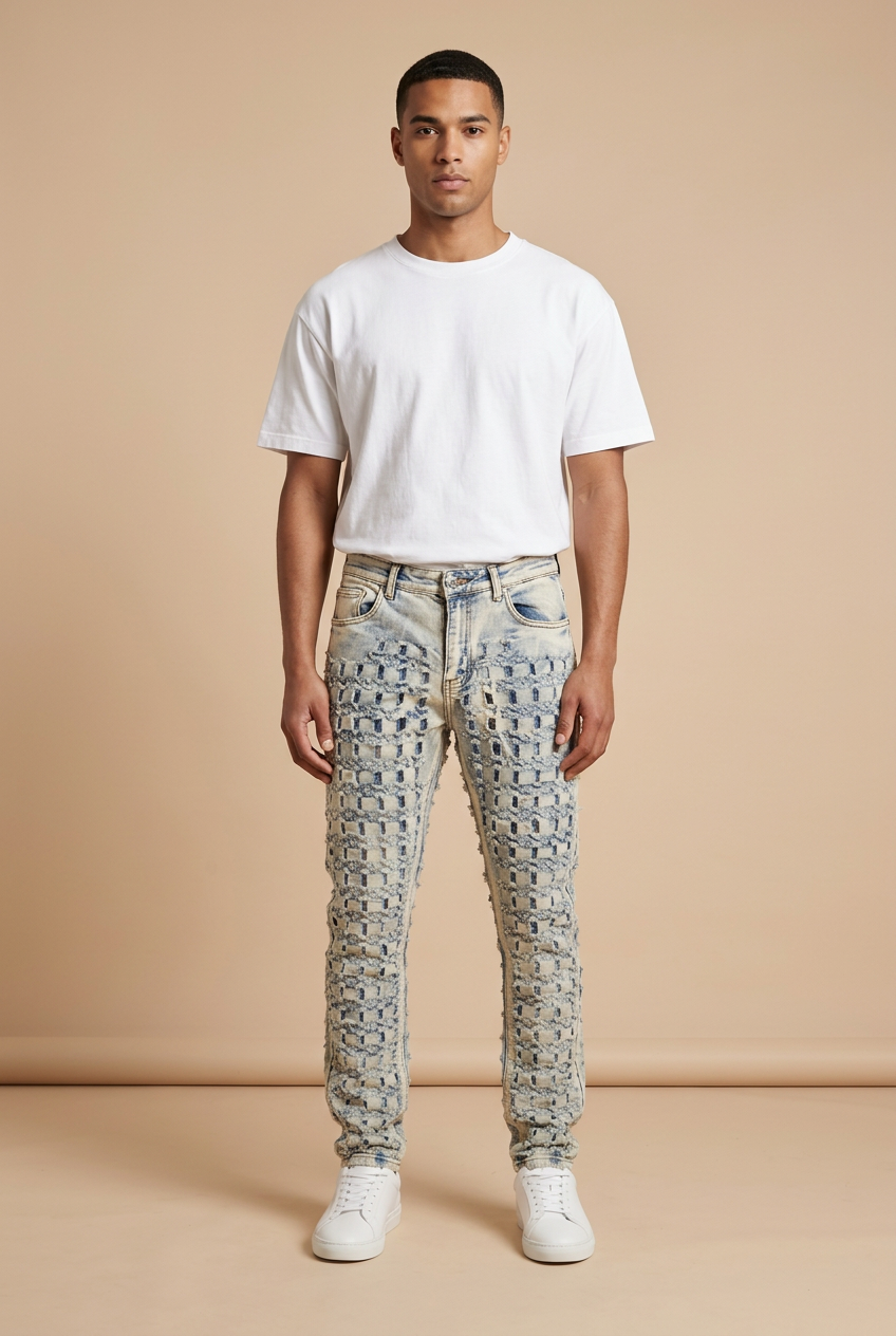 Male model standing front-facing in the patchwork jeans on a nude background