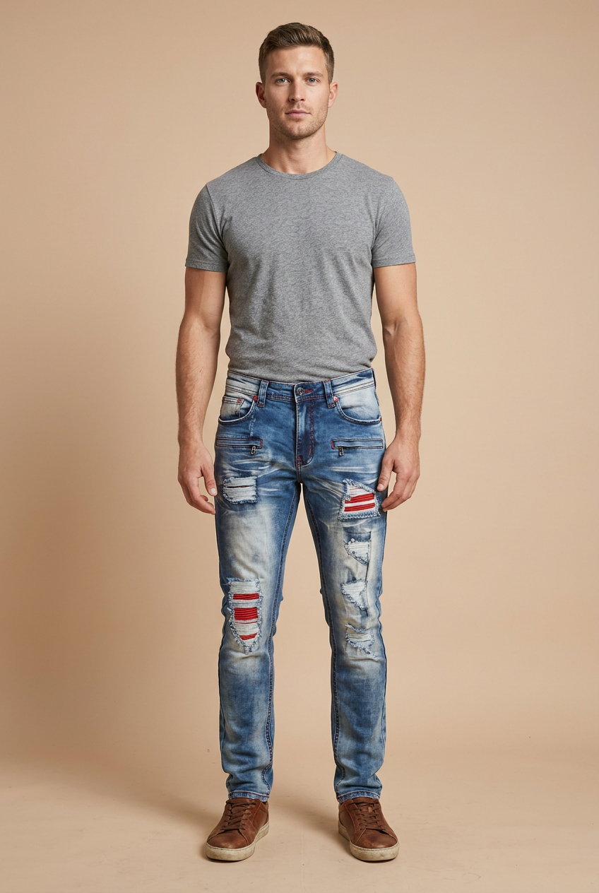 Male model standing front-facing in the red-plaid distressed jeans on a nude background