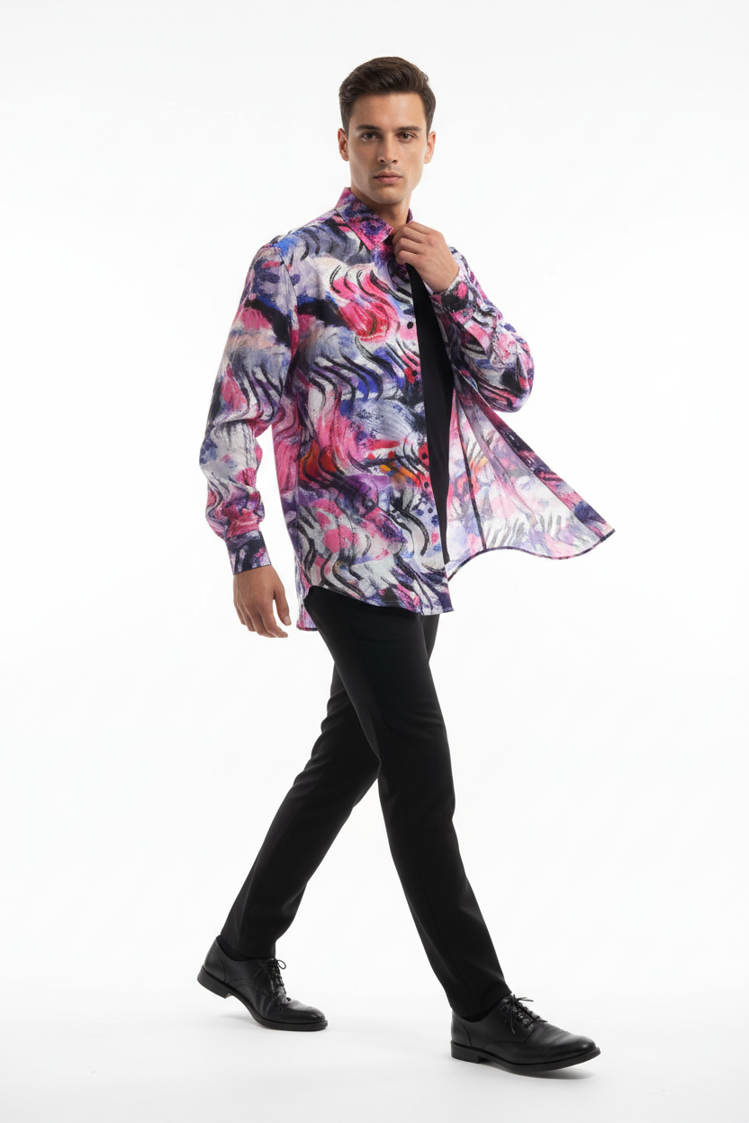 Male model walking, adjusting collar