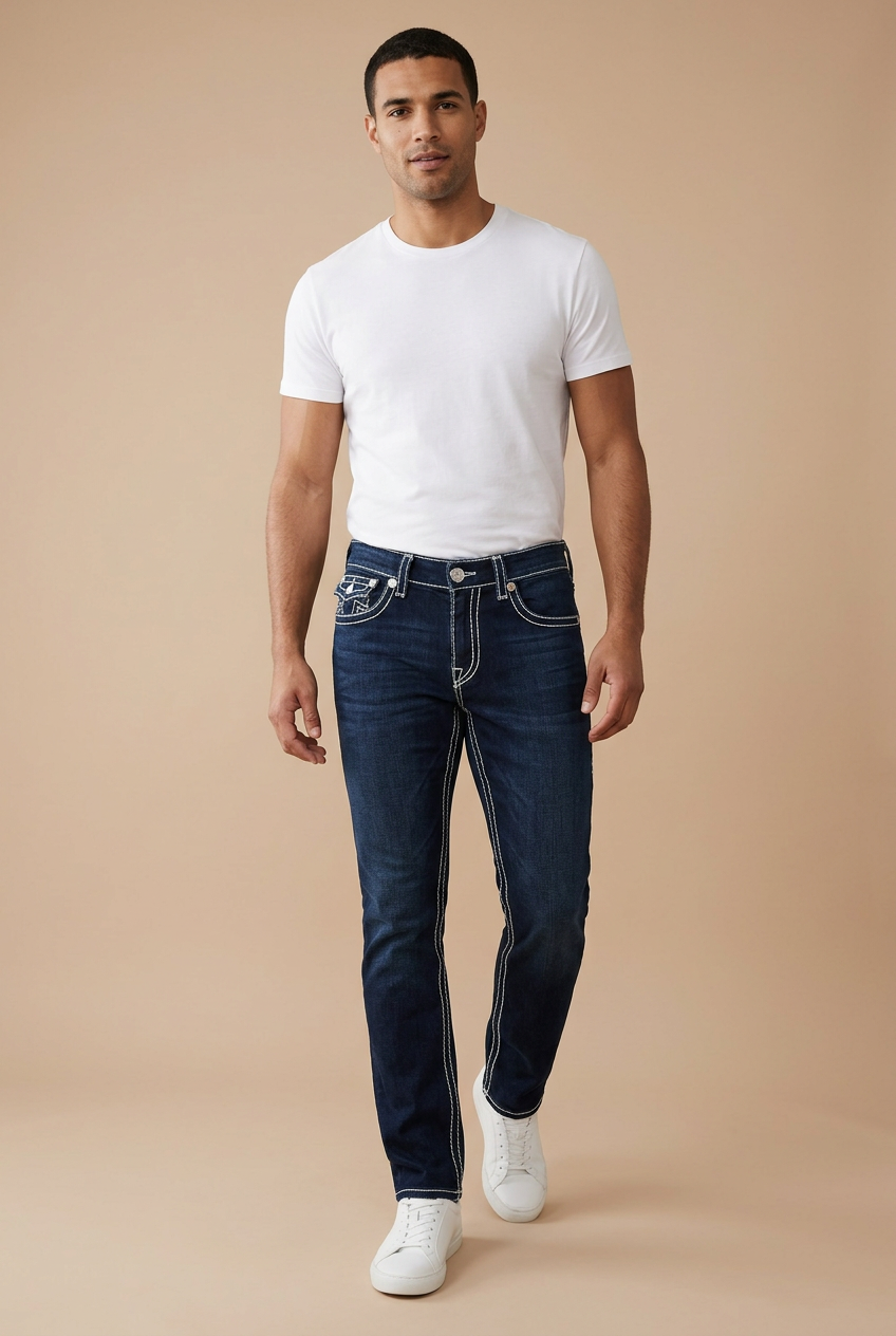 Male model walking in dark indigo jeans