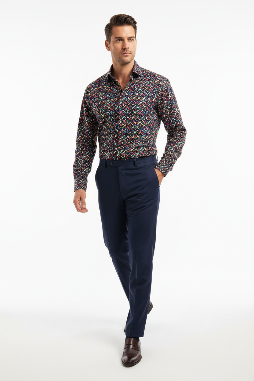 Male model walking pose mid-stride