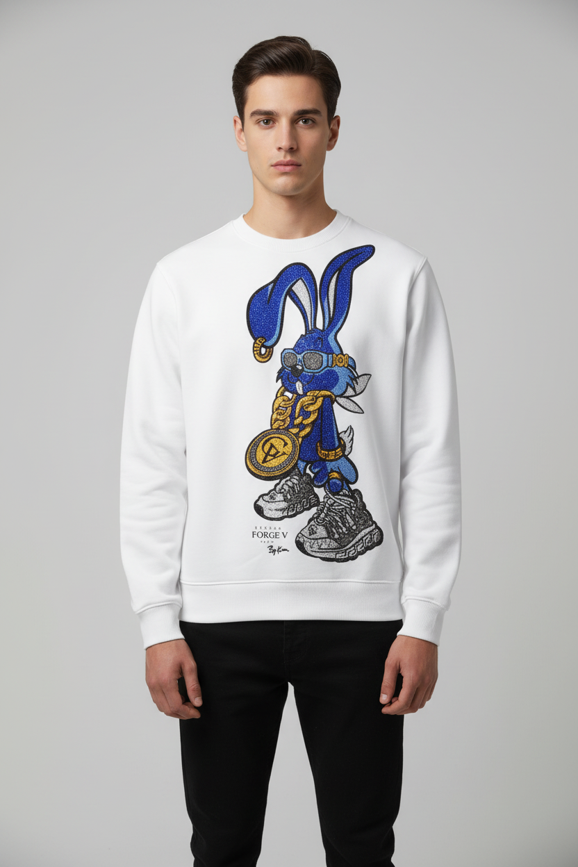 Male model wearing white bunny sweatshirt