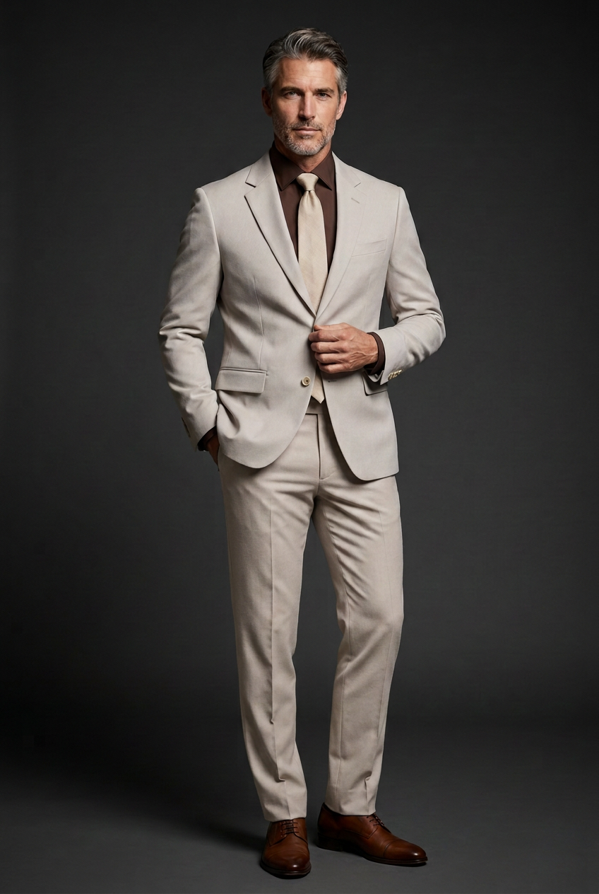 Matching beige suit with brown shirt and light tie
