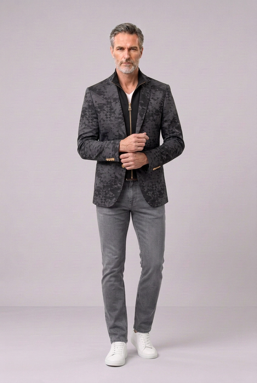 Men’s Charcoal Geometric Zip-Front Blazer