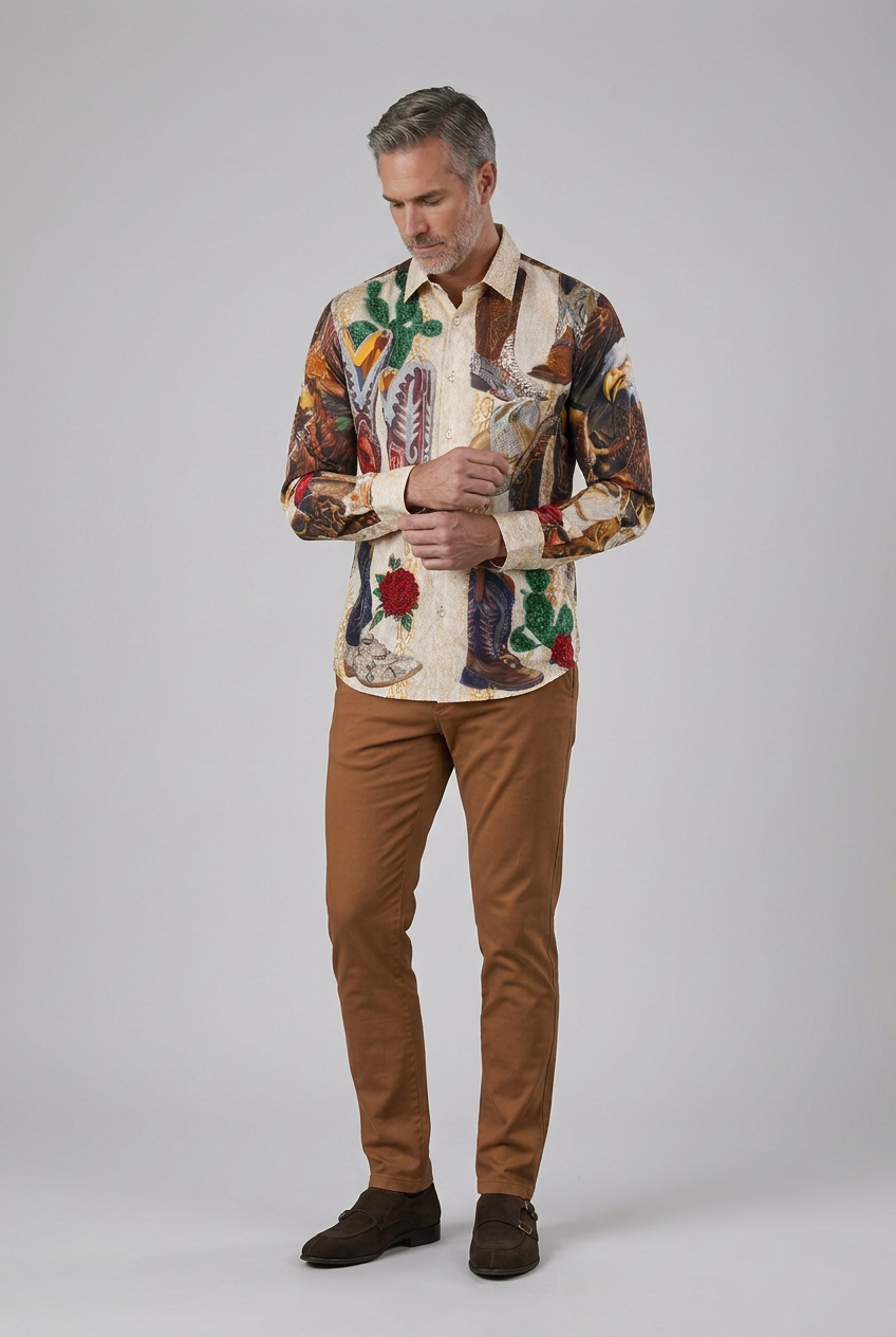 Men’s Western Cowboy Boot & Eagle Print Button-Up Shirt