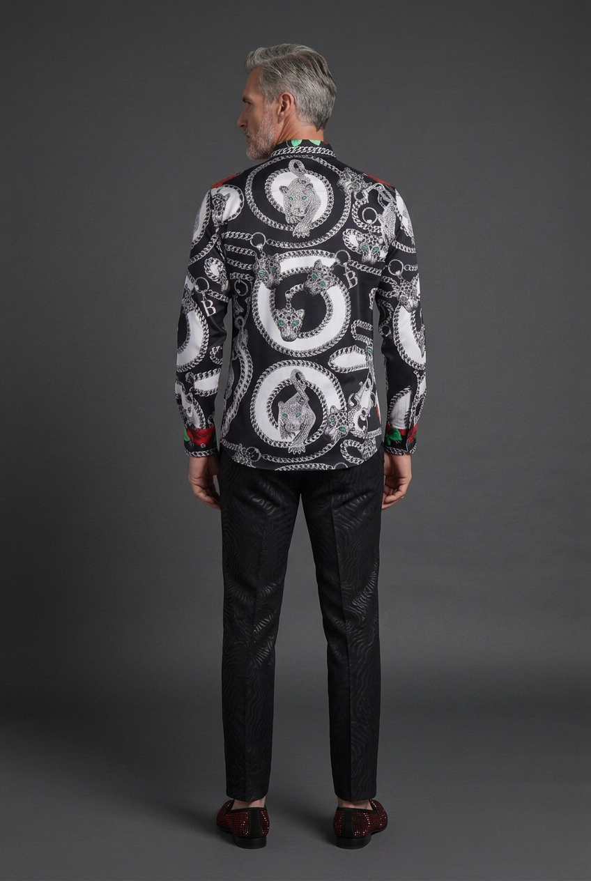 Men’s Black Rose & Chain-Print Button-Up Shirt