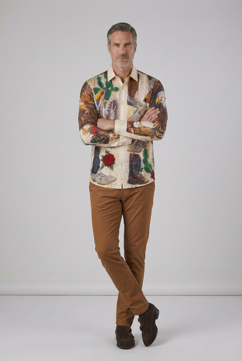 Men’s Western Cowboy Boot & Eagle Print Button-Up Shirt