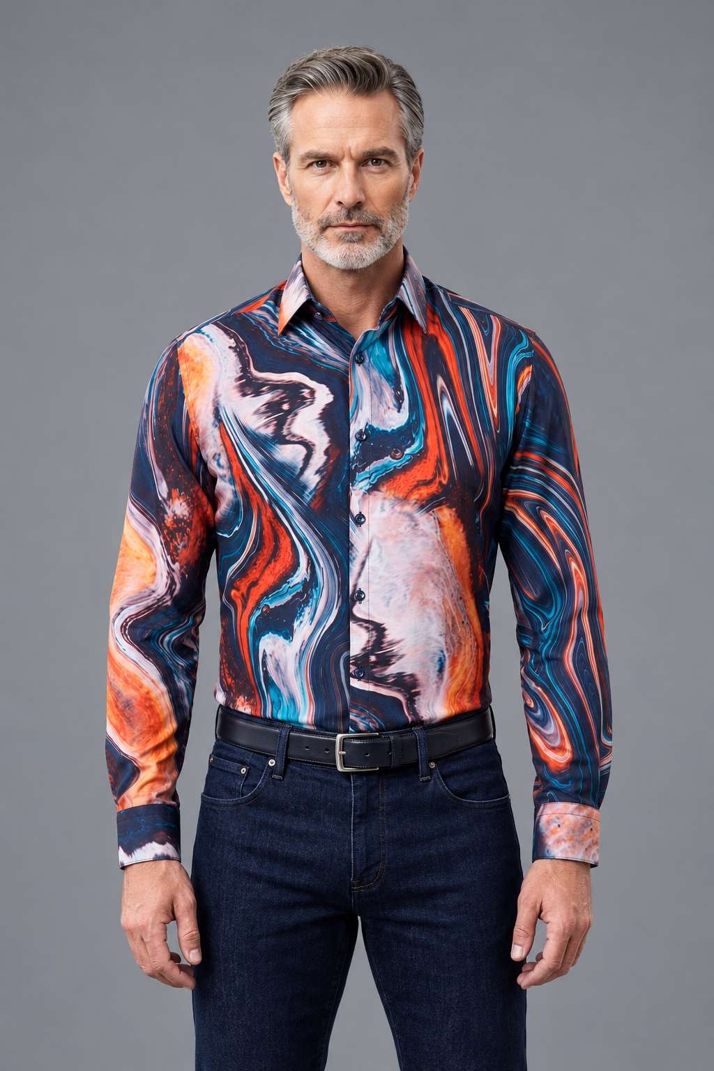 Abstract Marble Print Button-Down Shirt – Navy & Multicolor