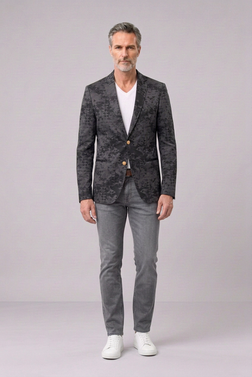 Men’s Charcoal Geometric Zip-Front Blazer