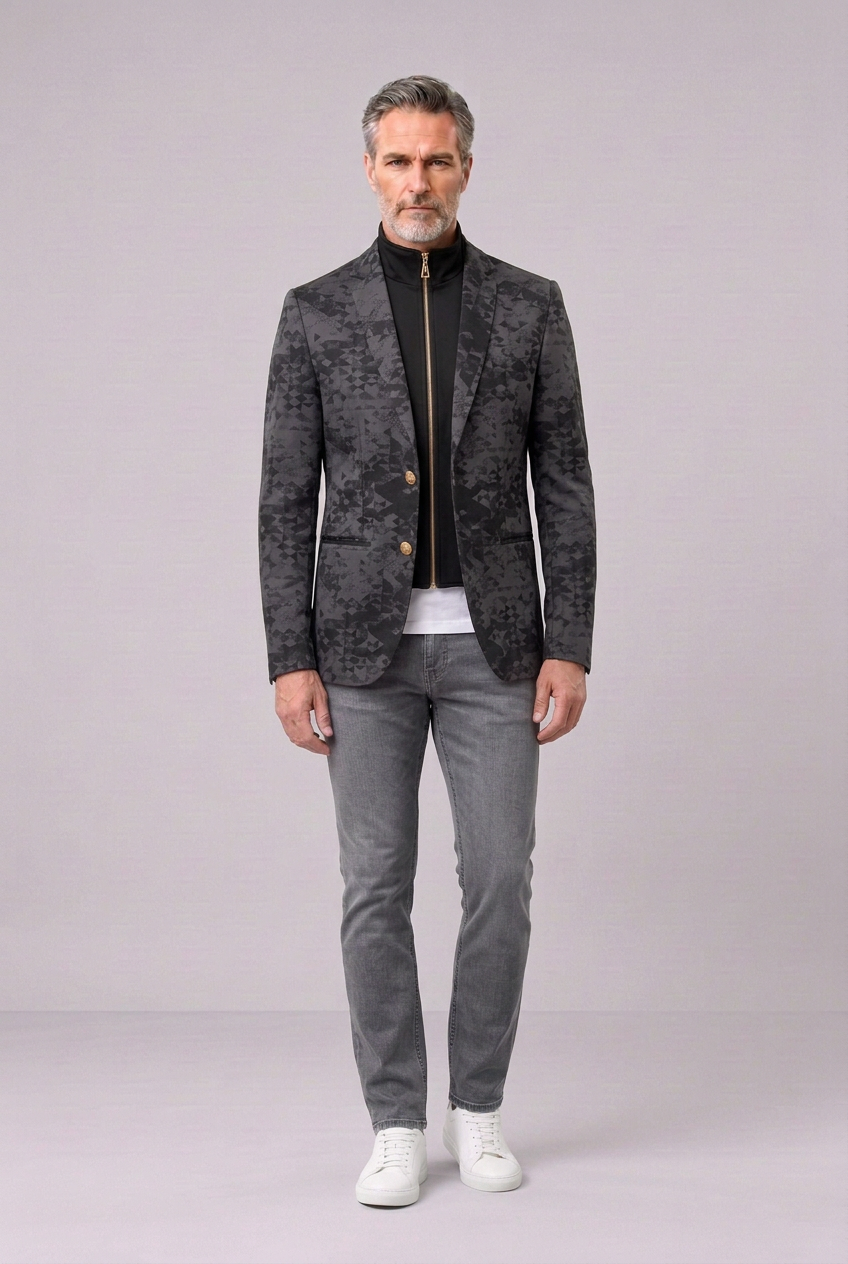 Men’s Charcoal Geometric Zip-Front Blazer