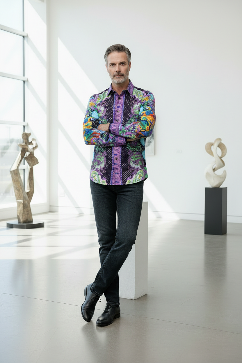 Baroque Parrot Paradise Shirt - Purple & Turquoise Multi-Color Print